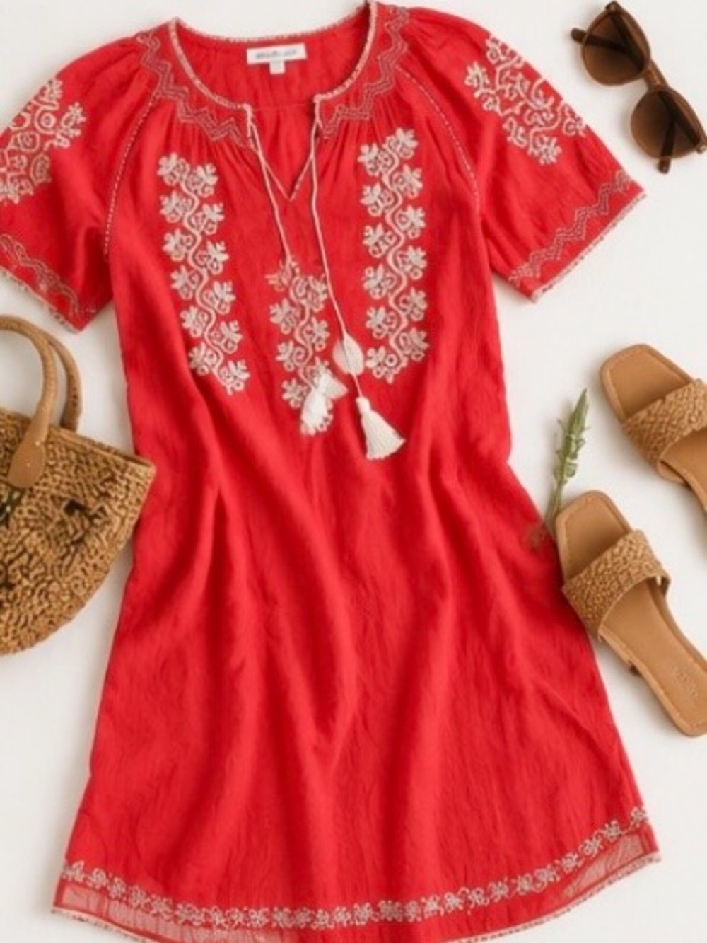 Laurel Anthropologie Coral Pink Gauze Embroidered Boho Dress